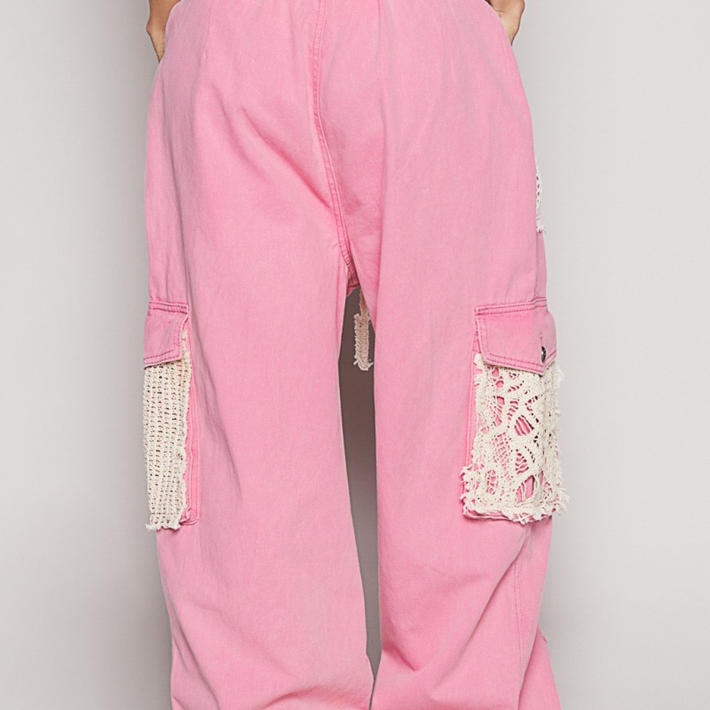 POL Pink Distressed Wide-Leg Track Pants with Crochet Pockets - Picture 6 of 12